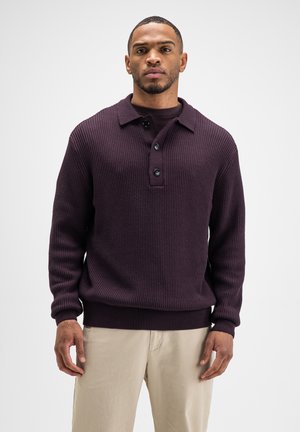 Junger Mann trägt einen dunkelvioletten, gerippten Pullover mit drei Knöpfen und beige Hose und steht vor einem schlichten weißen Hintergrund.