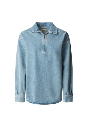 Light blue denim pullover with a half zip, fold-over collar, and long sleeves. Features gathered cuffs and a relaxed fit.