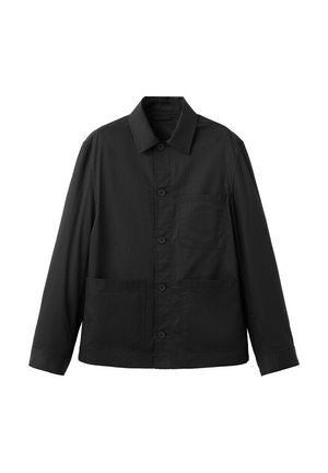 Veste noire à manches longues boutonnée, avec trois poches avant et un col classique, présentée à plat sur fond blanc.