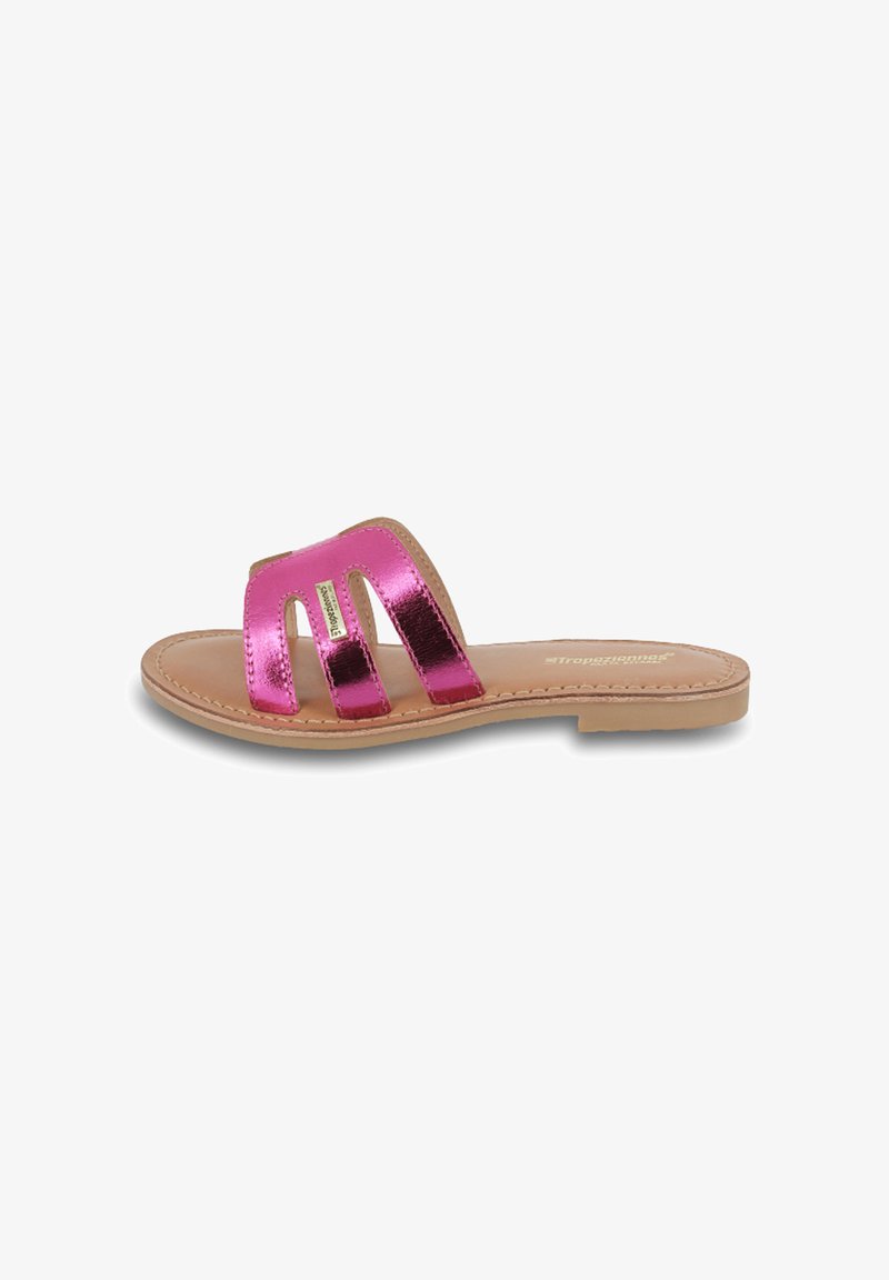 Pink metallic slide sandal with three wide straps, featuring a smooth tan sole and minimalistic design. Suitable for casual wear.