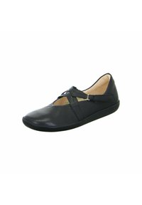 Schwarze Lederballerina mit abgerundetem Zehenbereich, überkreuztem Riemendesign und einer weichen Innenausstattung. Verfügt über eine niedrige, flexible Sohle.