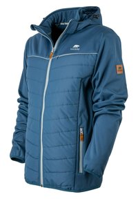 Blaue gepolsterte Jacke mit hohem Kragen, Reißverschluss vorne und Seitentaschen. Sie verfügt über ein Logo auf der Brust und einen braunen Ledereinsatz am Ärmel.