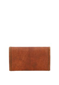 Brown leather wallet with a smooth texture, featuring visible stitching along the edges and a rectangular shape.