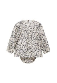 Bluză pentru bebeluși cu imprimeu floral, mâneci lungi puff și guler rotund, cu față plisată. Confectionată dintr-un material moale în culori crem și bleumarin.