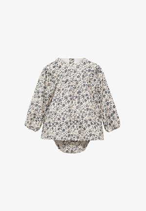Floral print baby top with long puffed sleeves, rounded collar, and gathered front. Made of soft fabric in cream and navy colors.