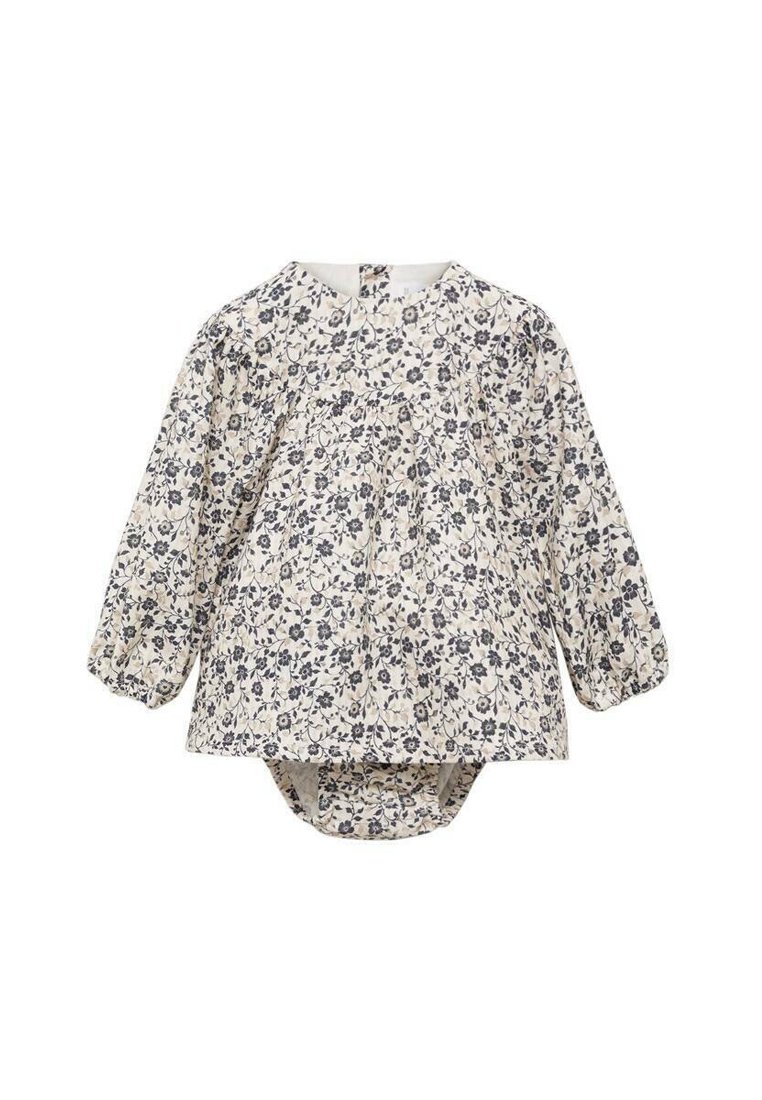 Bluză pentru bebeluși cu imprimeu floral, mâneci lungi puff și guler rotund, cu față plisată. Confectionată dintr-un material moale în culori crem și bleumarin.