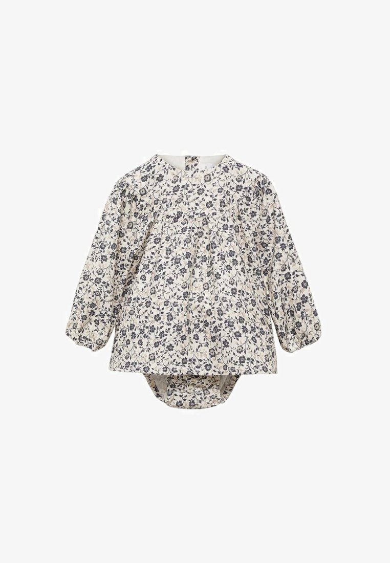 Bluză pentru bebeluși cu imprimeu floral, mâneci lungi puff și guler rotund, cu față plisată. Confectionată dintr-un material moale în culori crem și bleumarin.