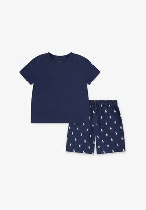 Marineblauw katoenen t-shirt met korte mouwen, gecombineerd met marineblauwe shorts met een patroon van herhaalde witte paardenlogo's en een elastische tailleband.