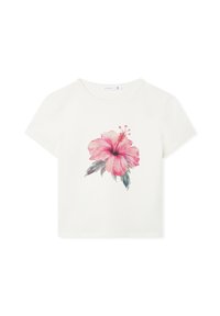 T-shirt a maniche corte in cotone color crema con una grande grafica di un fiore di ibisco rosa e foglie verdi, texture liscia e scollatura rotonda classica.