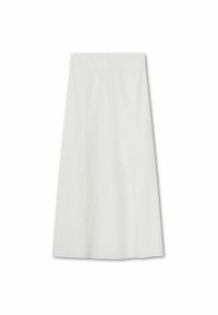 Gonna midi bianca a vita alta con silhouette a trapezio e texture liscia, esposta piatta su uno sfondo bianco.