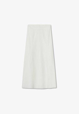 Vit högmidjad midiklänning med A-linjeform och slät yta, uppvisad liggande på en vit bakgrund.