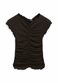 Black top with short cap sleeves, featuring gathered ruching at the front and scalloped edges. Soft fabric with a streamlined silhouette.