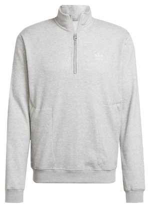 Hellgrauer Pullover mit langen Ärmeln, vorderem Halbreißverschluss, hohem Kragen, strukturierter Stoff und zwei Vorderentaschen.