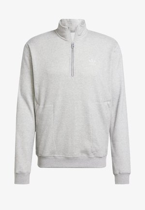 Hellgrauer Pullover mit langen Ärmeln, vorderem Halbreißverschluss, hohem Kragen, strukturierter Stoff und zwei Vorderentaschen.