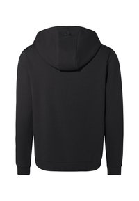 Hoodie nero con cappuccio regolabile, polsini e orlo a costine, texture liscia e dettaglio del logo sulla parte superiore della schiena. Vista posteriore.