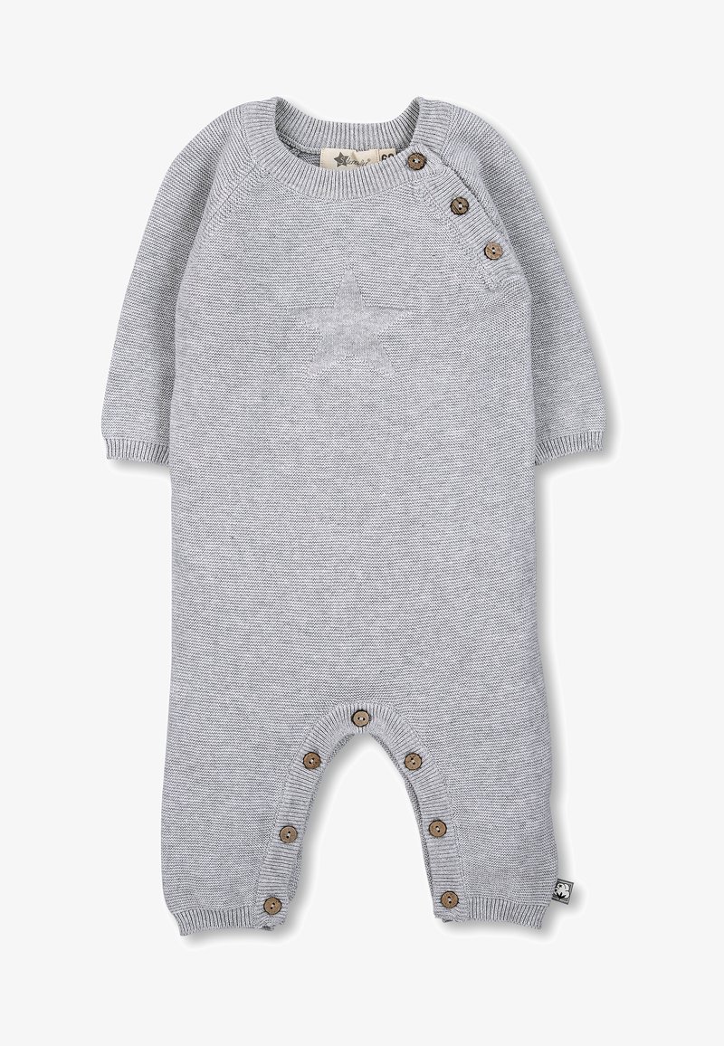 Grey knitted romper with long sleeves, round neckline, wooden button accents on the shoulder and crotch, featuring a star pattern on the front.
