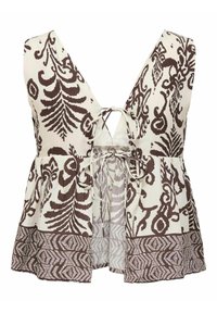 Blouse blanche sans manches avec un col en V profond, motifs floraux et géométriques marron, et un détail à cordon au niveau de la taille. Tissu fluide et texturé.