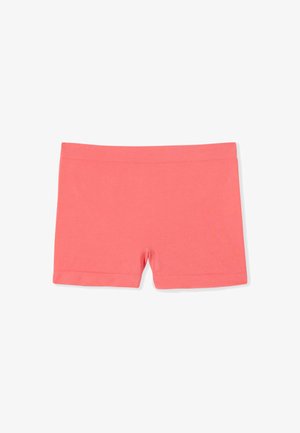Naadloze stretchshorts in koraalroze stof met een brede tailleband en een lengte tot halverwege de dij, ontworpen voor actief of casual gebruik.
