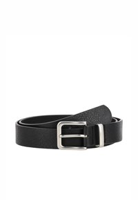 Zwarte leren riem met een gestructureerde afwerking, een zilveren metalen gesp en een gladde randafwerking. Geschikt voor diverse formele en casual outfits.