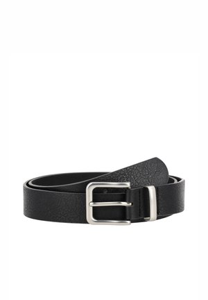 Black leather belt featuring a textured finish, a silver metal buckle, and a smooth edge design. Suitable for various formal and casual outfits.