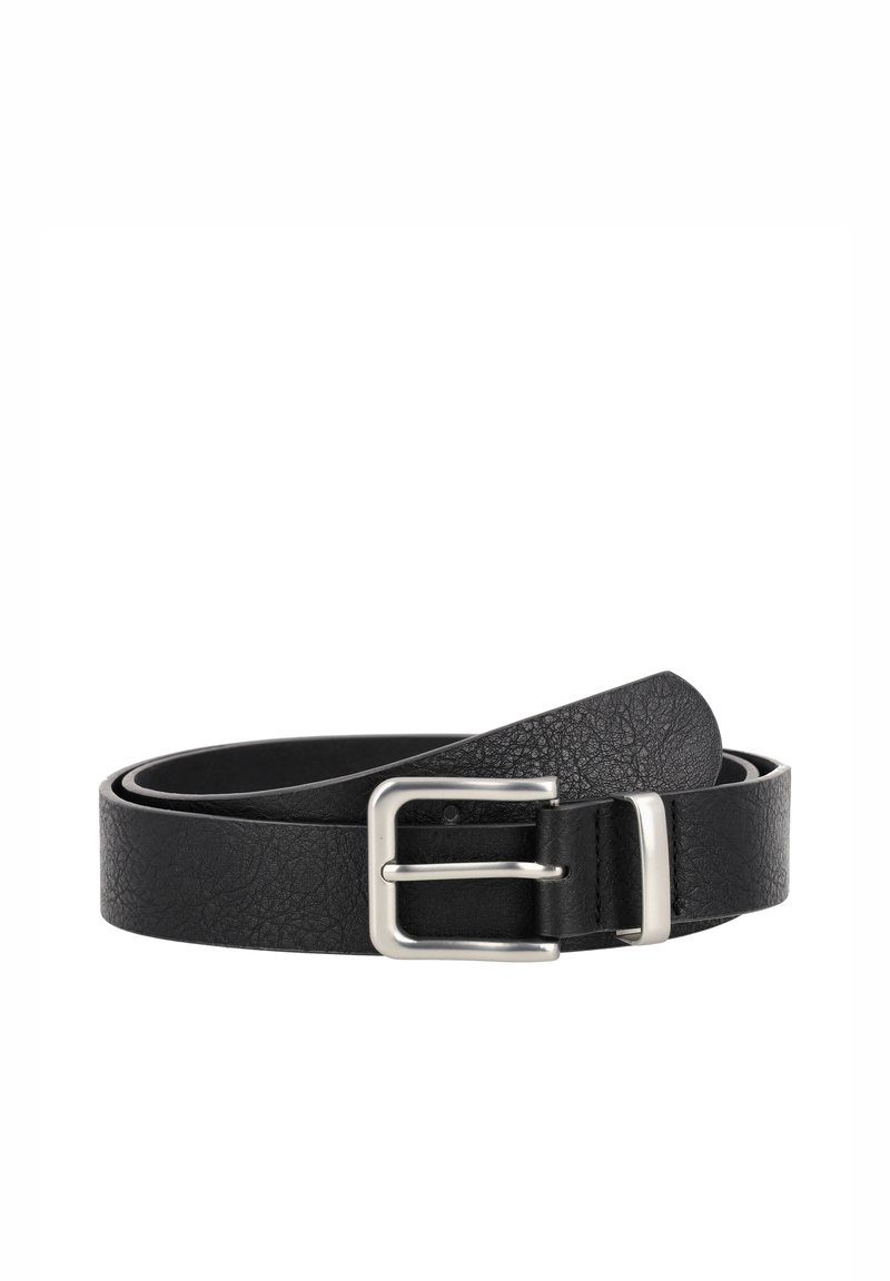 Zwarte leren riem met een gestructureerde afwerking, een zilveren metalen gesp en een gladde randafwerking. Geschikt voor diverse formele en casual outfits.
