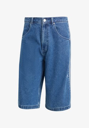 Denim shorts in medium blue, featuring a classic cut, five pockets, and a metal button closure. Slightly distressed texture on the fabric.