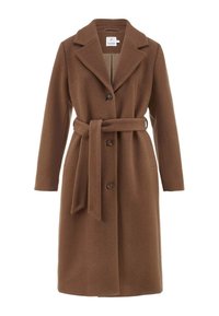Brauner Wollmantel mit Reverskragen, langen Ärmeln, Frontknöpfen und tailliertem Gürtel; glatte Textur und knielanges Design.