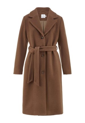 Brauner Wollmantel mit Reverskragen, langen Ärmeln, Frontknöpfen und tailliertem Gürtel; glatte Textur und knielanges Design.