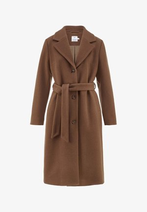 Brauner Wollmantel mit Reverskragen, langen Ärmeln, Frontknöpfen und tailliertem Gürtel; glatte Textur und knielanges Design.
