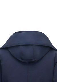 Marineblauwe hooded jas met een gestructureerde kraag, gladde stof en een discreet ritssluiting aan de achterkant. Strak, minimalistisch ontwerp.