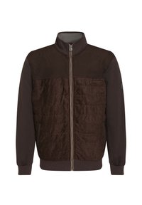 Bruine zip-up jas met gestructureerde bovenkant, zachte onderpanelen en geribbelde manchetten. Heeft een opstaande kraag en zijzakken.