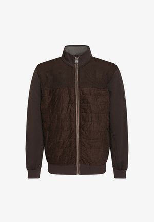 Rjava jakna na zadrgo z teksturiranim zgornjim delom, mehkimi spodnjimi paneli in rebrastimi manšetami. Ima stoječ ovratnik in stranske žepe.