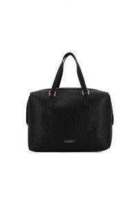 Borsa a tracolla in pelle nera texture con due manici superiori, chiusura con zip e accento logo dorato sul davanti. Design compatto e rettangolare.