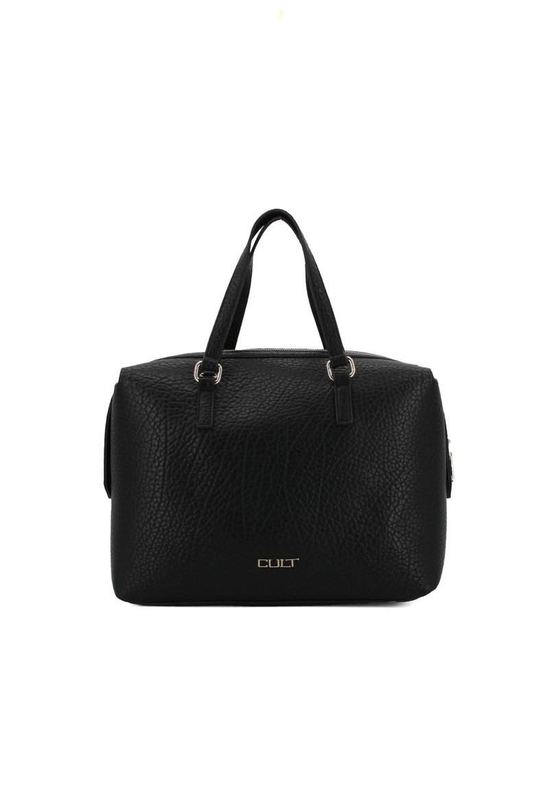 Borsa a tracolla in pelle nera texture con due manici superiori, chiusura con zip e accento logo dorato sul davanti. Design compatto e rettangolare.