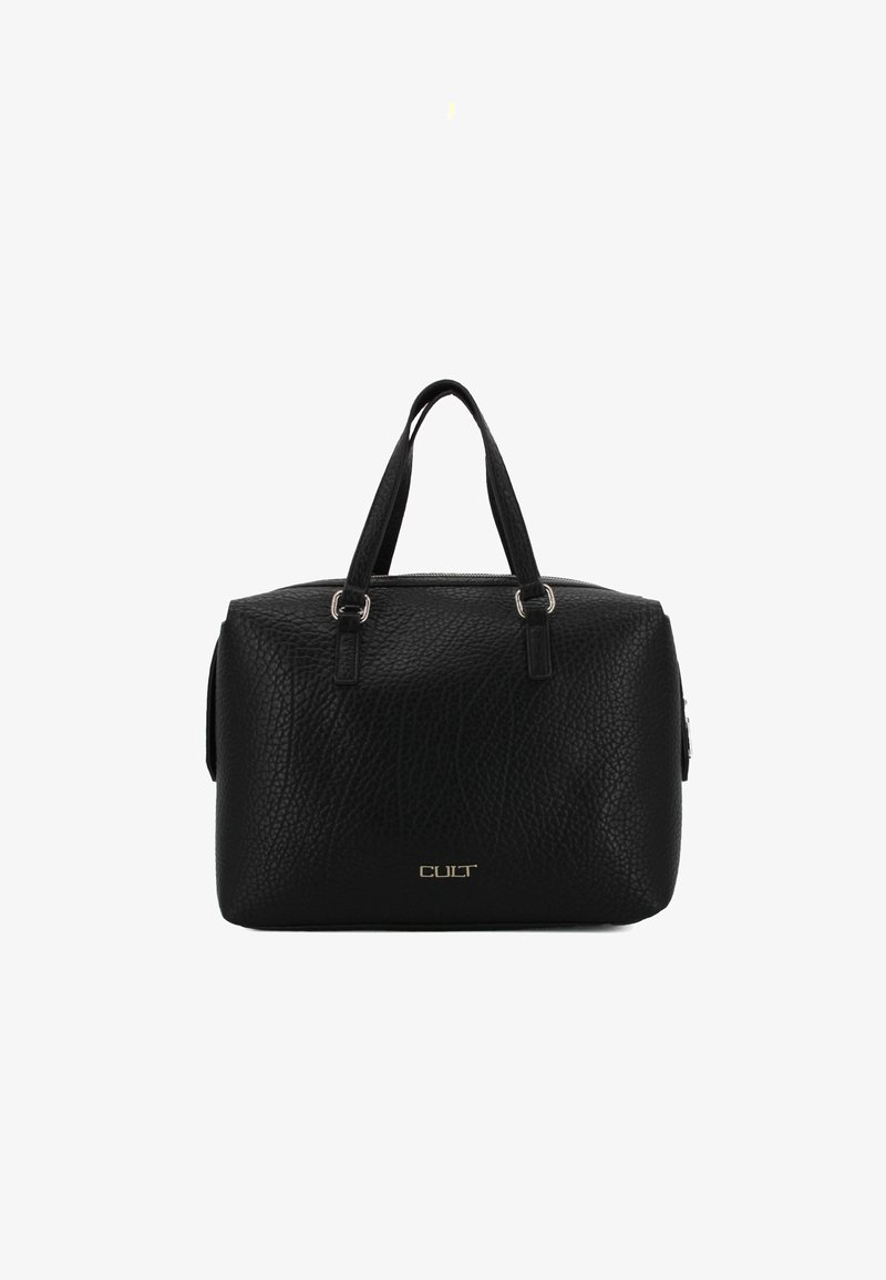 Borsa a tracolla in pelle nera texture con due manici superiori, chiusura con zip e accento logo dorato sul davanti. Design compatto e rettangolare.