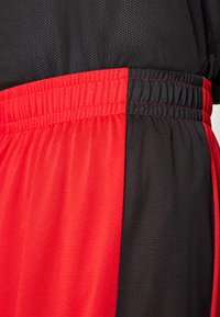 Svart og rød atletiske shortser laget av mesh-stoff, med et elastisk midjebånd med samlet tekstur og kontrasterende fargepaneler.