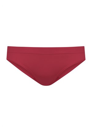 Red bikini bottom made of smooth fabric, featuring a mid-rise design with a seamless finish and minimalistic cut. No patterns or accents.