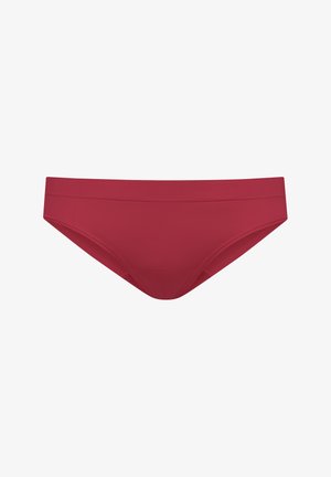 Red bikini bottom made of smooth fabric, featuring a mid-rise design with a seamless finish and minimalistic cut. No patterns or accents.