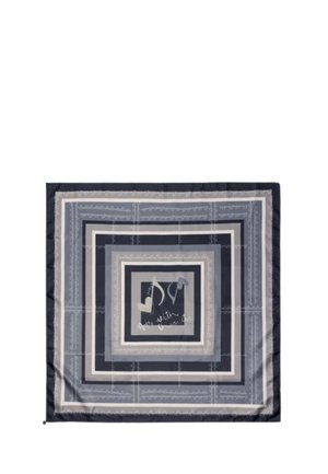 Foulard quadrato con rettangoli concentrici in tonalità di grigio e nero, con note musicali e la frase "life with music" al centro.