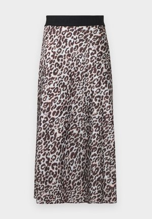 Jupe midi imprimé léopard avec taille élastique noire arborant un nom de marque subtilement embossé.