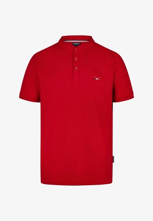 Red polo shirt made of cotton, featuring a mandarin collar, three-button placket, and a small logo detail on the left chest.