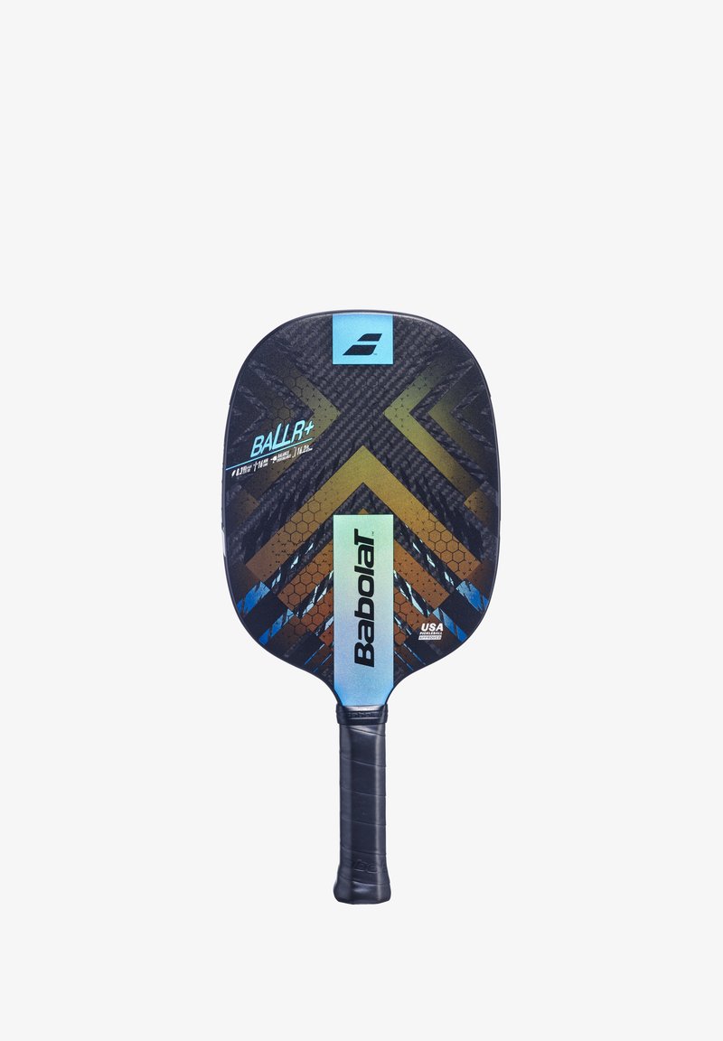 Babolat pickleball-ketsjere med en tekstureret sort overflade, blå og gyldne geometriske accenter samt et sort polstret håndtag.