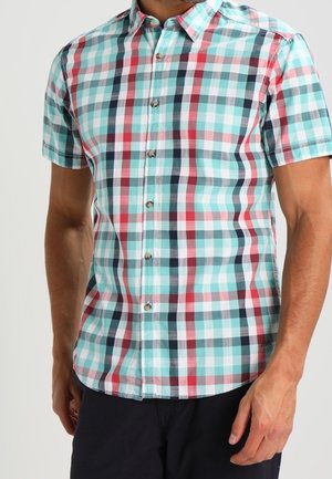 Mand iført kortærmet skjorte med knapper i et ternet mønster i rødt, turkis, hvidt og marineblåt samt mørke bukser mod en ensfarvet baggrund.