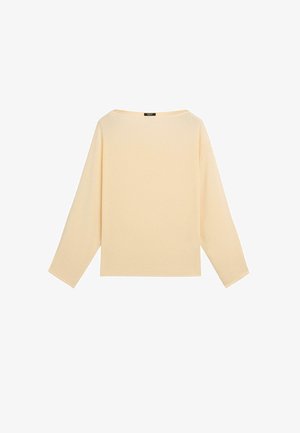 Maglione beige morbido a maniche lunghe con ampio scollo a barca e orlo dritto, mostrato su uno sfondo bianco semplice.