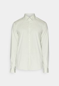  Lichtgroen overhemd met lange mouwen en een button-down kraag, met subtiele verticale strepen en een gladde, textuurrijke afwerking.