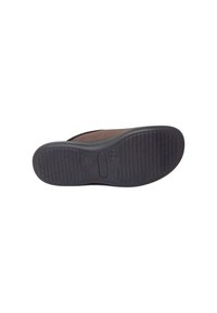 Suola di scarpa marrone con una superficie testurizzata e scanalata; suola esterna in gomma nera; forma arrotondata con un leggero tacco. Taglia contrassegnata come 40.