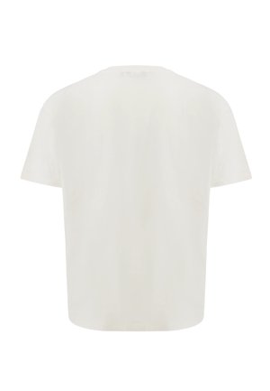 Schlichtes weißes T-Shirt mit kurzen Ärmeln und rundem Halsausschnitt, von hinten auf weißem Hintergrund gezeigt.