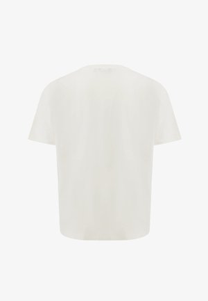 Schlichtes weißes T-Shirt mit kurzen Ärmeln und rundem Halsausschnitt, von hinten auf weißem Hintergrund gezeigt.