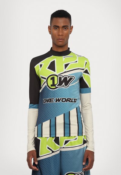 Long-sleeve athletic top featuring a black, blue, and green geometric design with text accents. Made of smooth, lightweight material.