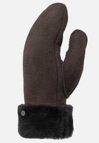 Braune Wildleder-Handschuhe mit einem weichen schwarzen Kunstfellbund, die eine gerundete Form und Nähdetails aufweisen und Wärme und Komfort bieten.